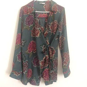 EMELIA Blouse Wrap Style Top Gray Floral Side Tie Long Sleeve Womens Size Large